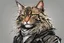 Placeholder: create a wild caricature of a grizzled streetwise cyberpunk female mercenary Maine Coon cat, highly detailed with refined feline features in the cartoon caricature style of Gerald Scarfe and Ralph Steadman precisely drawn, boldly inked, vividly colored, 4k