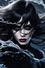 Placeholder: A beautiful Goth girl, dark black makeup, dark under eyes, white hair, action image of her braking water surface, freedom, dramatic, highly detailed, 8k, abstract