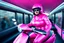 Placeholder: Hyperrealistisch stämmige, üppige Frau völlig verhüllt von pinkfarben glänzendem Ganzkörper-Zentai mit geschlossenem Visier in pinkfarbenem, geschlossenem Helm steuert pinkfarbenen Elektroroller mit extrem fettem Mann in identischer Kleidung als Beifahrer hinter sich