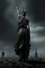 Placeholder: the statue of liberty, dress dirty and torn, her face solemn and terse, her head drooped low, shoulders slumped, trash littered at her feet, she holdsa crumpled american flag as she walks away, back to the viewer, under a dark and dreary sky