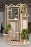 Placeholder: Corner exhibition stand in light colors with wood elements and floristry with two meeting areas