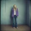 Placeholder: Dakota fanning, hippie girl, jeans, purple fur, in a liminal empty room, old autochrome