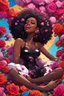 Placeholder: A sassy pop punk futurism art cartoon of a black female lounging lazily on her side, surrounded by colorful roses flower petals. Looking up coyly, she grins widely, showing teeth. Highly detailed black afro , regal expression.