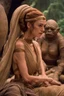 Placeholder: Phoebe Dynevor in princess Leia's slave costume of the Return of the Jedi, close to Jabba the Hutt.