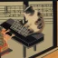 Placeholder: cat playing piano in style of japanese painting