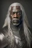 Placeholder: Portrait of a black man, fifty years, wearing a leather armor, long gray hair