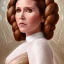 Placeholder: hyperspace background, complete and photo realistic detailed head to waist stunning photo realistic portrait of carrie fisher as Princess Leia in star wars with photo realistic hairstyle by Mandy Jurgens and mucha and Richard Schmid and chuck close and chie yoshii, extraordinary and detailed ceremony dress of star wars,brown eyes