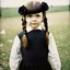 Placeholder: wednesday addams as a child, braids, frange, with black roses, worn autochrome, 1970s, wierd atmosphere