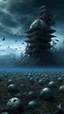 Placeholder: A moon in the blued blurry dark sky background and out of this world galaxy in a blue and gray cloud of stormy weather a many large amount of thick sticks fixed on the ground with many skulls the same size more than 30 put on the top of it ultra hi quality picture with cinematic science, tragedy, a small black birds far in hovering in the horizon in the big field of grass near front view of the . A creepy Picture a large amount of wolfs with red glowing eyes staring to you