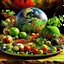 Placeholder: Apples. Pears. Grapes. Dishes. Oranges. Wood table.