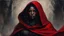 Placeholder: painting of dark woman demon covered in red, cloak, old and worn, masterpiece, detailed, high quality,