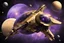 Placeholder: defence startrec, spacecraft in gold, black, violet,background space, stars, planets,