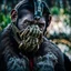 Placeholder: Cyborg, Ape, breathing device, gas mask, respirator Christopher Nolan, Dystopian, Extreme depth of field, bokeh blur, Alberta, all-natural, in the style of candid, Fuji Film, Anamorphic lens