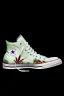 Placeholder: A red converse sneaker with weed leaves printed on the material, green, yellow and red colors