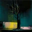 Placeholder: Minimal abstract oil painting of a tree in concrete warehouse brutalist architecture and hanging wires illuminated at night. triadic colours. In the style of Justin Mortimer, Ashley Wood