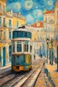 Placeholder: lisbon city view with famous tram, van gogh style