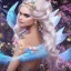 Placeholder: Fantasy cute fairy with wings, smiling, make up, long blond platinum hair, blue eyes, crown, beautiful dress, flowers in background, HQ