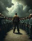 Placeholder: Bosch painting style, nightmare , prisoners lined up in circle , one after another , great quality picture with cinematic scenes , heavy clouds in the background