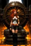 Placeholder: full body and headshot of a skinny young woman, with long straight red hair, standing in a steampunk setting, Frank Franzetta