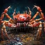 Placeholder: Studio quality photo, spider crab hybrid, intimidating, scary, photorealistic, fantasy, dystopian, vibrant bright colors, hyper realistic, extremely detailed, bone, flesh, dripping, evil smile, extremely detailed bulging evil eyes, splattered,