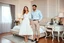 Placeholder: very beautiful lady with beautiful midi skirt and blouse standing next to her couple in a luxury bedroom with high heels next to makeup desk looking to camera