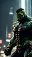 Placeholder: Hulk wearing venom armor, face visible, sharp face focus, ready for batt, destroyed city in the background, deep perspective. bokeh, rim lights, light leaks, neon ambiance, abstract black oil, gear mecha, detailed acrylic, grunge, intricate complexity, rendered in unreal engine, photorealistic