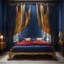 Placeholder: Bedroom in midnight blue, red and gold. A wide old bed and a large window with curtains