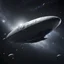 Placeholder: the zeppelin shaped space ship is shown flying through the star field, hyperspace noir, forced perspective, dark gray and gray