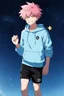 Placeholder: An androgynous young man with tousled pink hair and golden eyes floating among the stars wearing a light blue hoodie and black board shorts. He is smiling softly and holding a star in one hand.