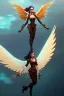 Placeholder: steampunk angel flying above the ocean, pale, golden glow, majestic