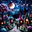 Placeholder: Detailed people, creepy street made of modeling clay and felt, village, stars, galaxy and planets, sun, volumetric light flowers, naïve, Tim Burton, strong texture, extreme detail, Yves Tanguy, decal, rich moody colors, sparkles, Harry Potter, bokeh, odd