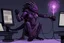 Placeholder: a black and purple, female argonian artificer who uses Tesla coils, skinny, wearing little armor, in her lab