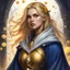 Placeholder: dungeons & dragons; digital art; portrait; female; cleric; gold eyes; golden hair; young woman; robes; long veil; soft clothes; dark blue and gold robes; robes with armor; cleric of bahamut; dandelions; teenager; traveling;
