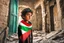 Placeholder: A Palestinian child in a broken building, Palestine flag, neon effect , close picture, highly detailed, high details, detailed portrait, masterpiece,ultra detailed, ultra quality