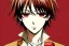 Placeholder: Detailed pretty anime boy, brown hair with blonde strips, keep head in frame, headshot, glaring, brown eyes, covered in bandages, looking serious, illustration, digital painting, only one character, color scheme red, wearing many bandages, Osamu Dazai inspired, anime inspired, manga, dazai, red hair, Chuuya, pretty, scruffy, angry, brooding, manga inspired, small nose, long lower eyelashes, handsome, one character, headshot, glaring, cute, wearing a bandage on neck, small nose, scruffy hair