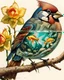 Placeholder: surreal mixed-media illustration of a Blue Jay perched on a textured branch, depicted with a semi-transparent body that reveals an internal aquatic scene.Inside the bird’s torso, Angelfish swim gently in clear water, rendered with scientific-illustration precision and soft painterly textures.The bird’s feathers combine natural realism with subtle graphic stylization, including layered patterns and delicate linework.Surrounding the branch are daffodils and roses, illustrated in a vintage botanica