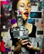 Placeholder: happy beautiful girl holding big proffesional camera in studio. street art, oil on canvas, spray paint, collage, letters, newspapeers, Dave McKean, Vladimir Fedotko, Saturno Butto, Vaughn Bodé, Frank Wu, James C. Christensen, collage, dirty, paint dripping, radiant