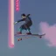 Placeholder: photo of a ninja riding a skateboard; in an alternate universe in tokyo; cyberpunk; realistic; rain; neon signs