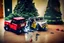 Placeholder: A crying toddler takes a burning car out of a LEGO box marked Land Rover next to the Christmas tree.