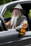 Placeholder: gandalf in a car drinking a beer