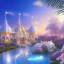 Placeholder: landscape of summer tropical ambient beutiful castle white gold and neon lights bright and colorful bright gloss effect of a futuristic house,like spaceship, natural round shapes concept, large transparent view of the open outdoor garden,sea beach at sunset, gold crystals,with light pink, flowers of Lotus, beutiful pools, light of sun , palmiers,cerisiers en fleurs, wisteria, sun , stars, small waterfalls