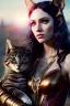 Placeholder: Druid character, young woman, cat ears, golden hair, long hair, golden eyes, scars on body, animal hide armor, waist up portrait, 4k resolution, intricate details, ornate details, soft lighting, vibrant colors, retroanime, masterpiece, intricate eyeliner, dark eyeshadow, eyes, intricate tattoos, natural background, fae, sidhe
