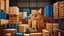 Placeholder: A colorful and chaotic scene depicting a cluttered storage area or warehouse filled with various stacks of wooden crates, boxes, and other items. The background appears to be a rough, textured wall or surface. The overall composition creates a sense of disorganization and clutter