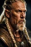 Placeholder: portrait of a 60-year-old viking , long blond hair with Two braids hung down neatly in front of his ears. Rugged face with a scar. blonde beard, fantasy