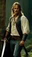 Placeholder: viggo mortensen as handsome warrior king, muscular, long blonde hair, male age 30, wearing jeans and a white shirt, tan skin, tattoos,photorealistic 4k dark fantasy