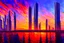 Placeholder: Futuristic cyberpunk buildings, sunset, impressionism influence, realistic painting