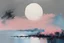 Placeholder: Grey, blue, and pink abstract landscape painting with planet, and lake, abstract impressionism paintings