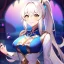 Placeholder: Clear focus, 8k, high quality, detailed, beautiful lighting, girl, vibrant colors, white long hair, vibrant golden eyes, fantasy clothes, ponytail, smile