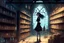 Placeholder: full-height shot of a young witch in a tight black short skirt, inside a large magic shop, shelving, bottles, windows