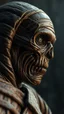 Placeholder: Busch painting style nightmare, a zoomed side view of the mummy by his face skin is a rusted broken metallic skin texture in a 3d rendering full-height image of a grim and dark scene. Ensure the final images exhibit the utmost quality, encompassing 4K, 8K, and 64K resolutions, with 3D rendering that manifests in photorealistic, hyperrealistic, and highly detailed representations. Employ techniques such as HDR, UHD,